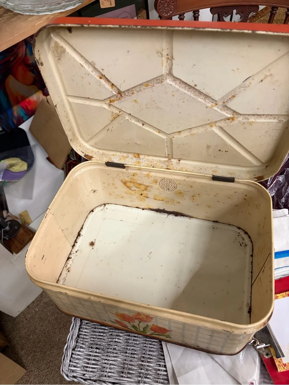 Vintage bread box with red lid.   Metal.  Biscuit tin.